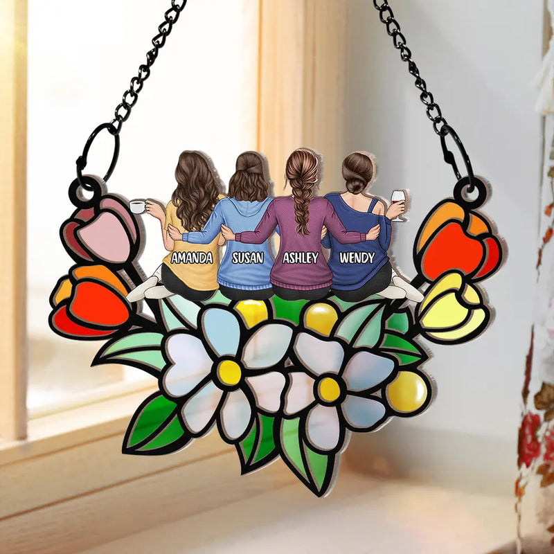Besties In Tulip Flowers - Personalized Window Hanging Suncatcher Ornament
