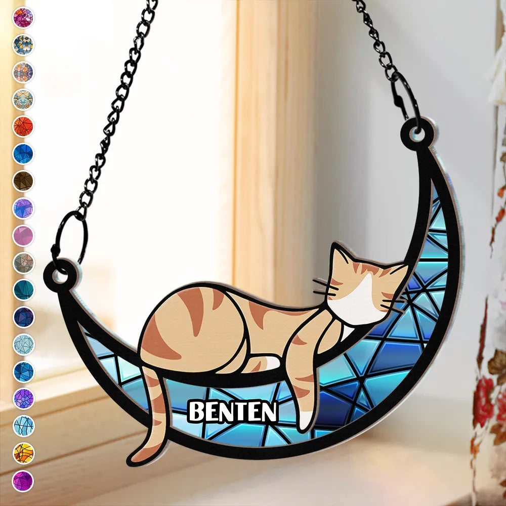 Sleeping Cat On Moon - Personalized Window Hanging Suncatcher Ornament
