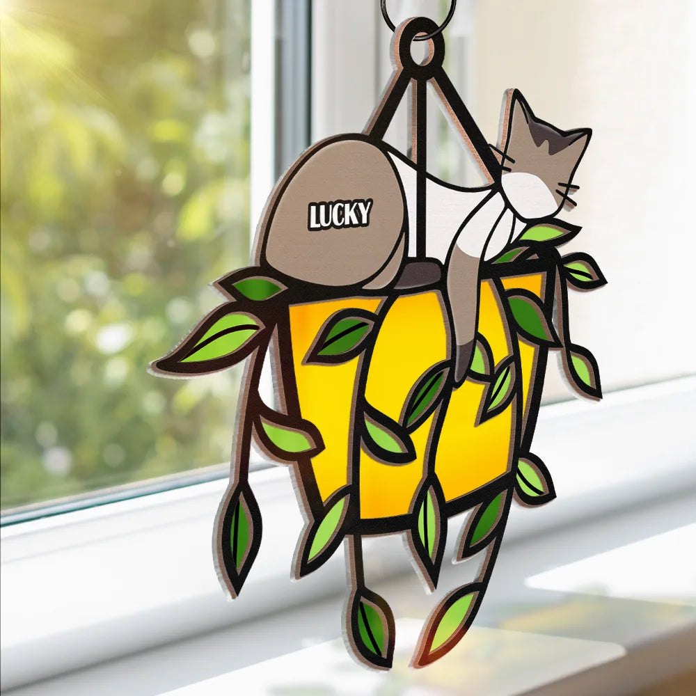 Sleeping Cat On Plant Pot - Personalized Window Hanging Suncatcher Ornament
