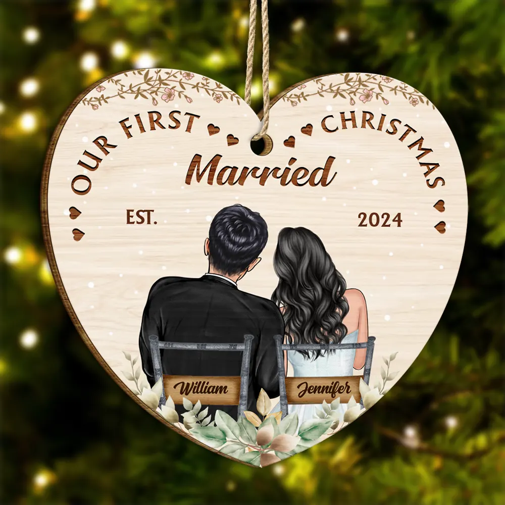 Gift For Couples - Our First Christmas Married Couples - Personalized Custom Shaped Wooden Ornament