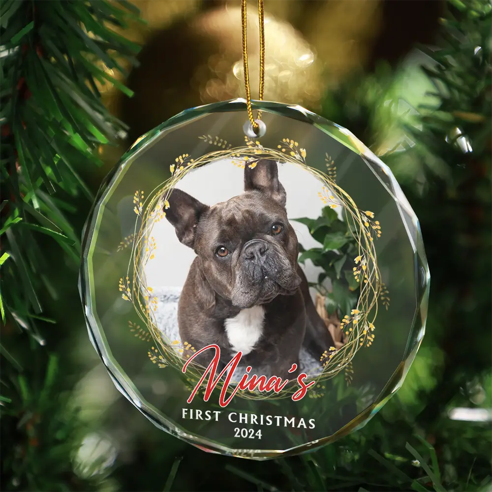 Pet Lovers - Custom Photo First Christmas Pet - Personalized Circle Glass Ornament