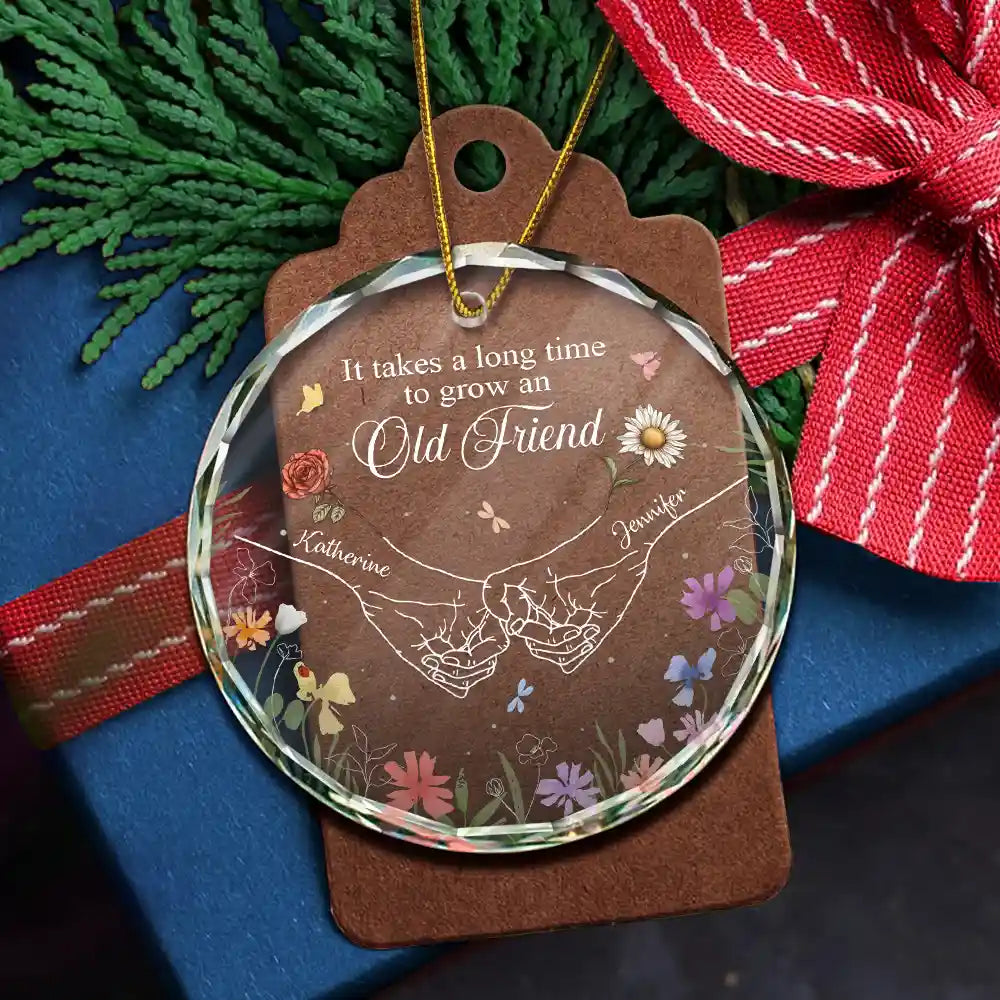 Gift For Bestie - Birth Flower Hands Grow An Old Friend - Personalized Circle Glass Ornament