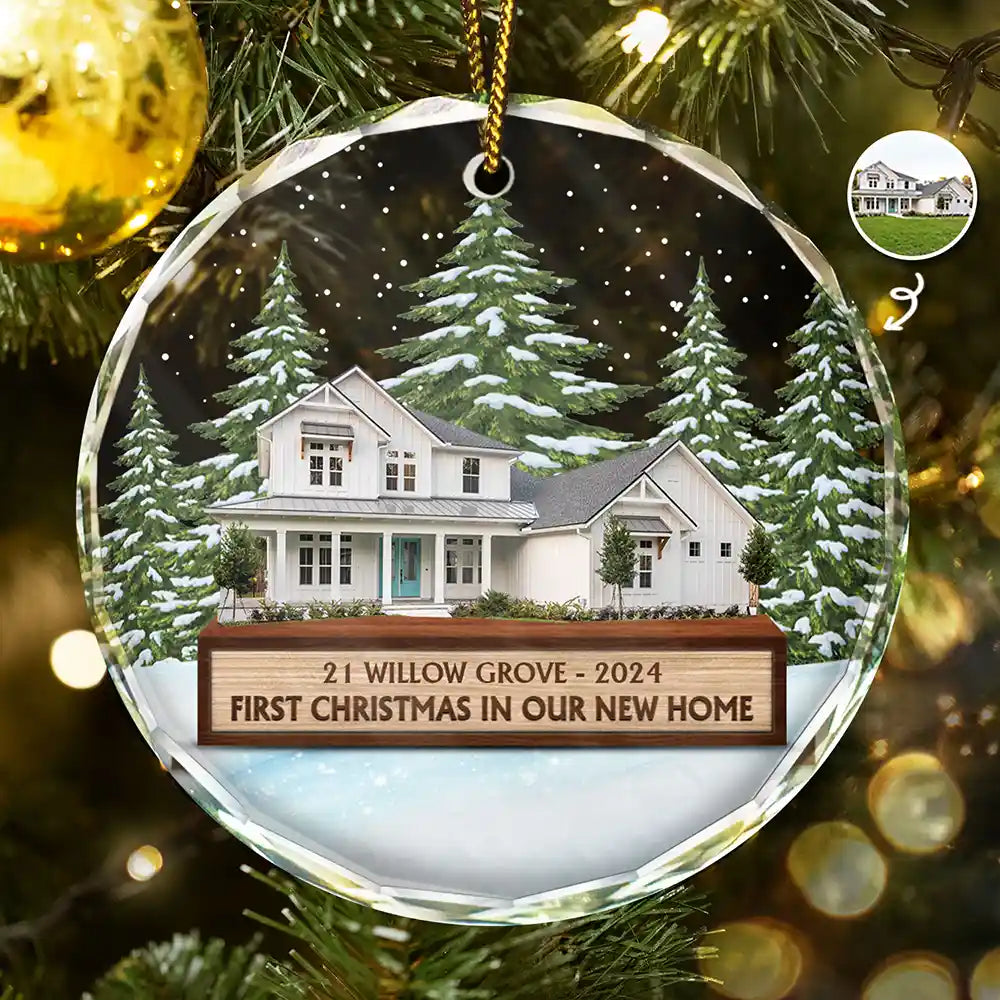 Christmas,Custom Photo,Happy,Family - Custom Photo First Christmas In Our New House - Personalized Cirlce Glass Ornament