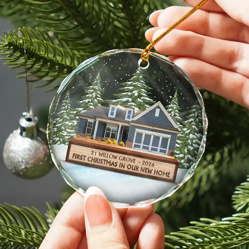 Custom Photo First Christmas In Our New House - Personalized Circle Glass Ornament