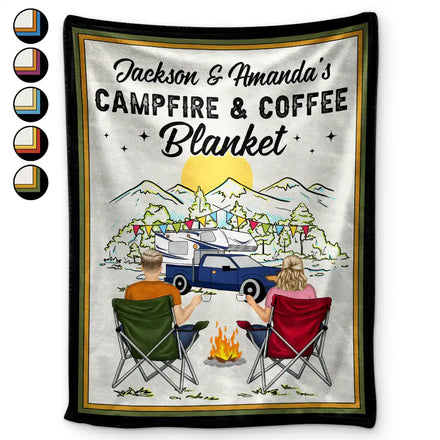 Campfire & Coffee Blanket Camping - Personalized Fleece Blanket, Sherpa Blanket