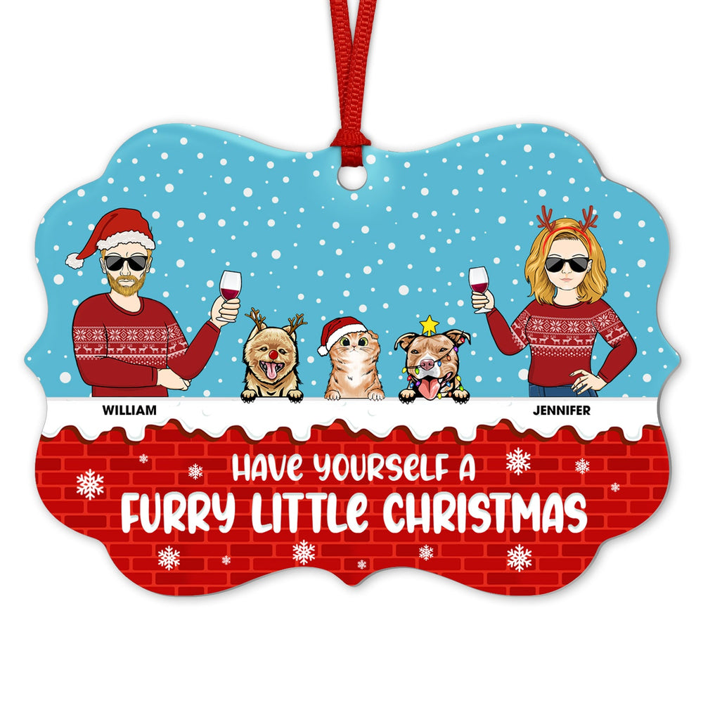 Furry Little Christmas Couple With Dog Cat - Christmas Gift For Pet Owners - Personalized Custom Aluminum Ornament
