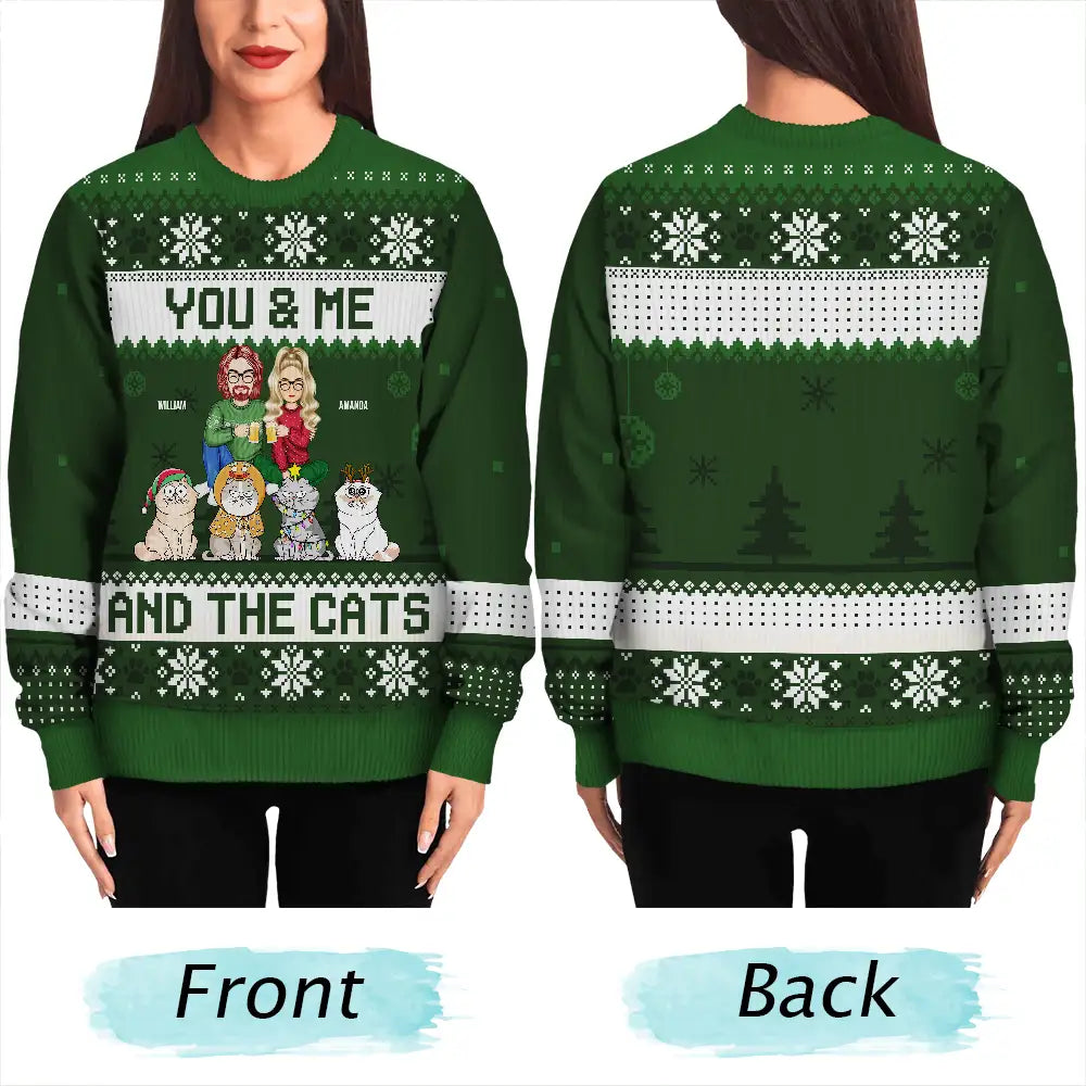 Couple You & Me And The Cats Cartoon Style - Anniversary, Christmas Gift For Cat Lovers, Couples - Personalized Unisex Ugly Sweater