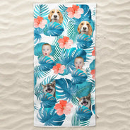 Gift For Yourself,Gift For Women,Gift For Men,Beach,Summer,Gift For Bestie,Non-Eng,Photo,Playful - Custom Photo Tropical Leaves Pattern With Family Pet Face - Personalized Beach Towel
