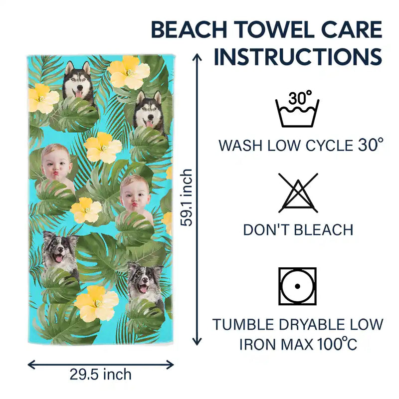 Gift For Yourself,Gift For Women,Gift For Men,Beach,Summer,Gift For Bestie,Non-Eng,Photo,Playful - Custom Photo Tropical Leaves Pattern With Family Pet Face - Personalized Beach Towel