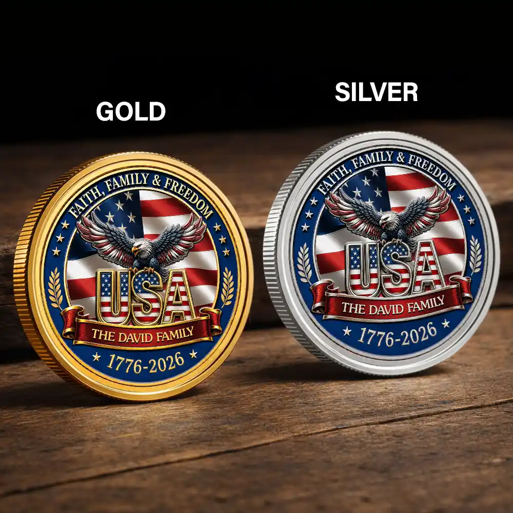 America 250th,Custom Photo,Independence Day,Gift For Yourself,Proud,Upload Full Photo - Custom Photo Stars And Stripes Faith, Family & Freedom - Personalized Commemorative Keepsake Coin