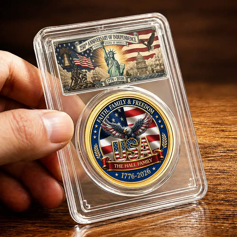America 250th,Custom Photo,Independence Day,Gift For Yourself,Proud,Upload Full Photo - Custom Photo Stars And Stripes Faith, Family & Freedom - Personalized Commemorative Keepsake Coin