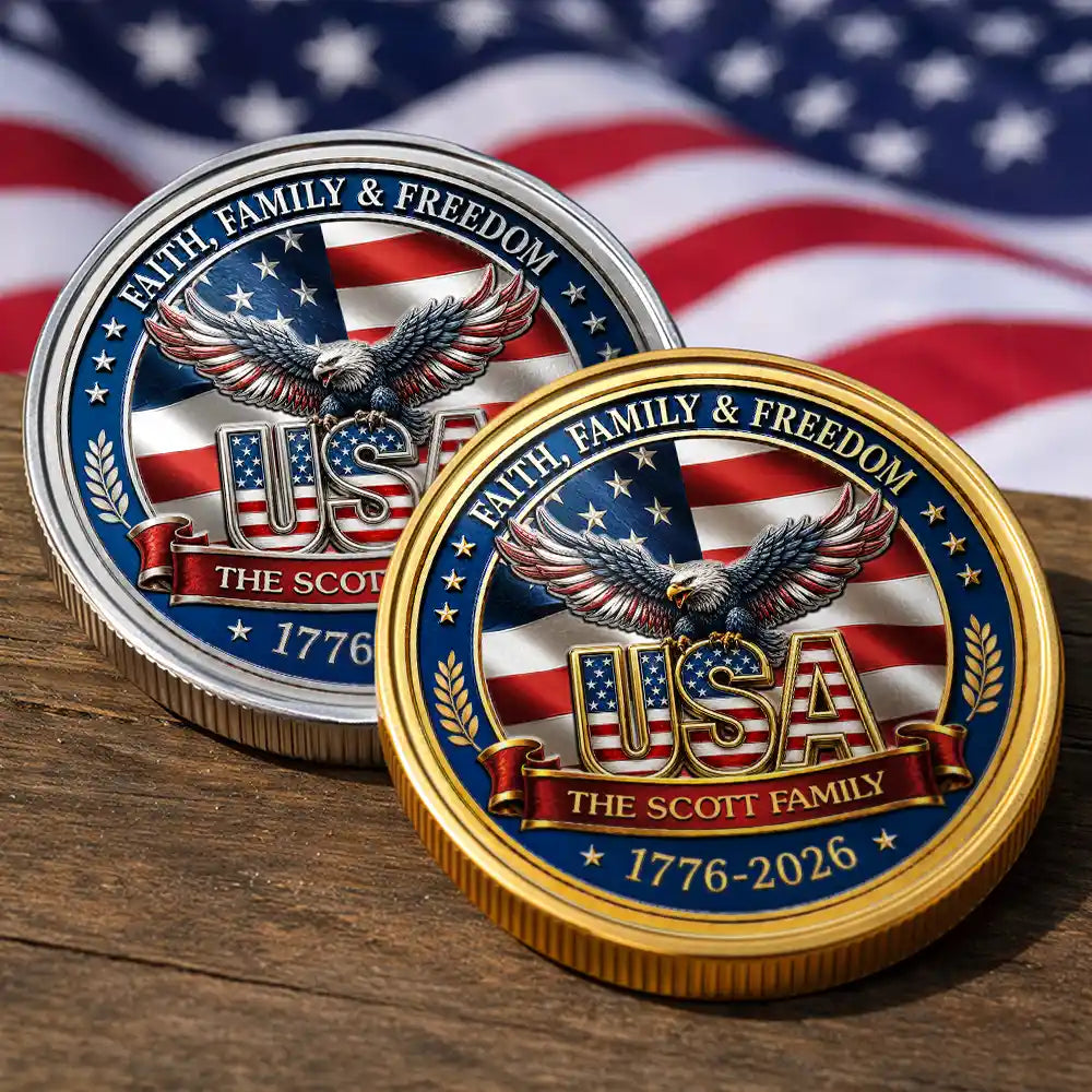 America 250th,Custom Photo,Independence Day,Gift For Yourself,Proud,Upload Full Photo - Custom Photo Stars And Stripes Faith, Family & Freedom - Personalized Commemorative Keepsake Coin