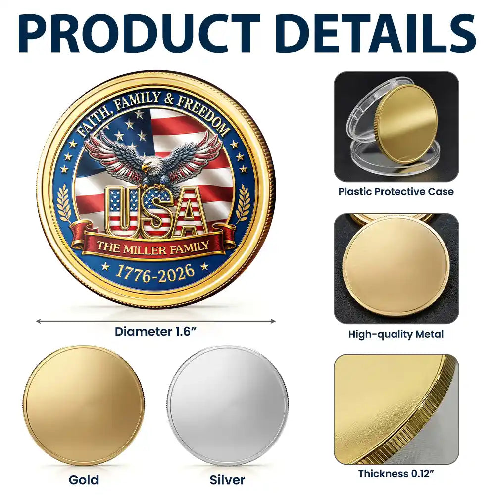 America 250th,Custom Photo,Independence Day,Gift For Yourself,Proud,Upload Full Photo - Custom Photo Stars And Stripes Faith, Family & Freedom - Personalized Commemorative Keepsake Coin