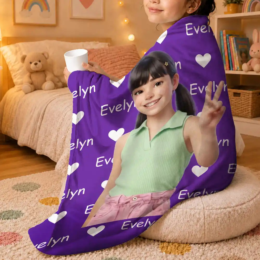 Top Market,Adorable,Art Design,Gift For Kids,Photo - Cartoon Portrait - Custom Photo Cartoon Portrait Kid Name & Heart Pattern - Personalized Fleece Blanket, Sherpa Blanket