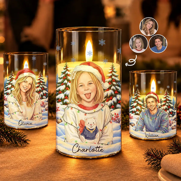 Art Design,Christmas,Cozy,Custom Photo,Family,Photo - Portrait With Santa Hat & Christmas Lights - Christmas Home Decor Gift For Family - Personalized Custom Photo Watercolor And Name Christmas Portrait LED Candle