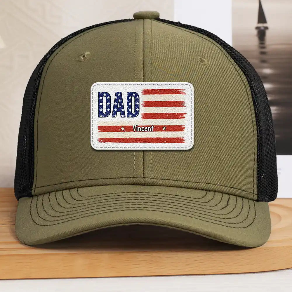 Gift For Father, Gift For Grandpa, Independence Day, Happy - Dad Grandpa America Flag Brush Stroke - Personalized Leather Patch Hat