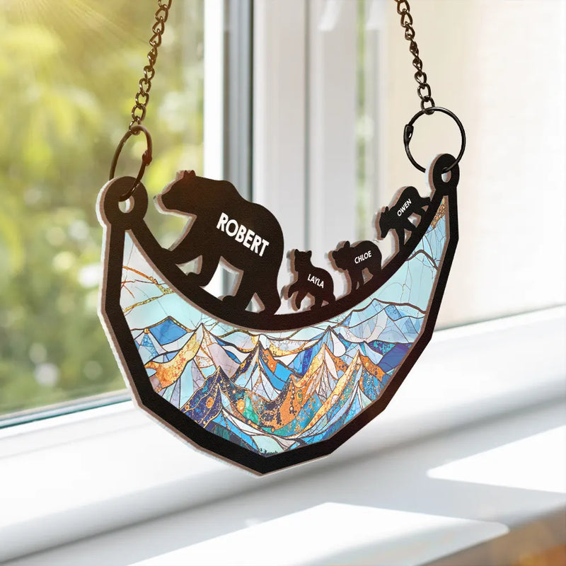 Dad Grandpa Papa Bear And Cubs - Personalized Window Hanging Suncatcher Ornament