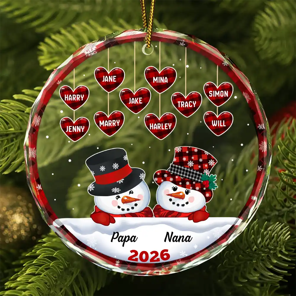 Papa Nana Snowman Christmas Grandparents - Personalized Circle Glass Ornament