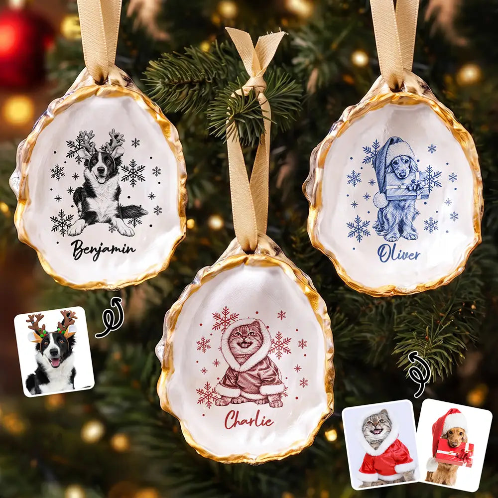 Christmas Gift For Dog Lovers - Personalized Custom Photo Pencil Sketch Snowflake Pet Portrait Oyster Ornament