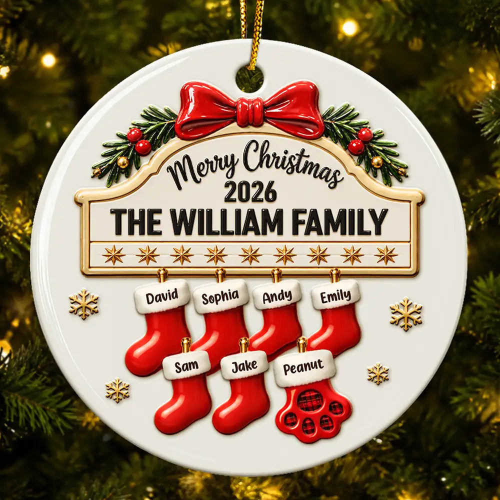 Christmas Gift For Family - Personalized Christmas Stocking 3D Embossed Circle Ceramic Ornament