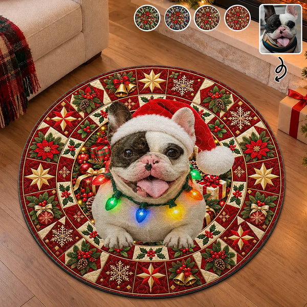 Art Design,Christmas,Custom Photo,Dog Lovers,Indoor Decor,Pet Lovers,Photo - Santa Hat Lying Pet,Playful,Top Market - Gift For Dog Lovers - Personalized Custom Photo Christmas Decor Rug