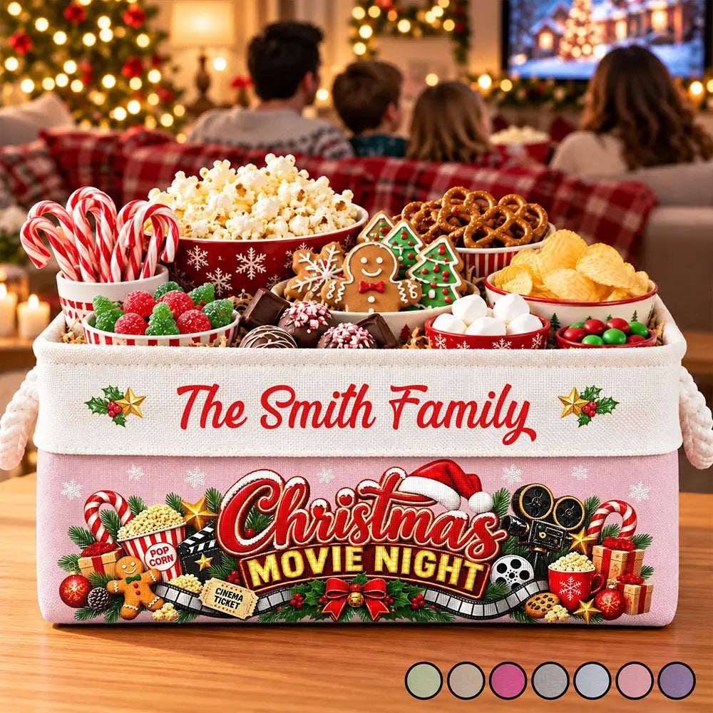 Gift For Holiday Gathering - Personalized Family Name Christmas Eve Movie Night Snack Storage Basket Storage Basket