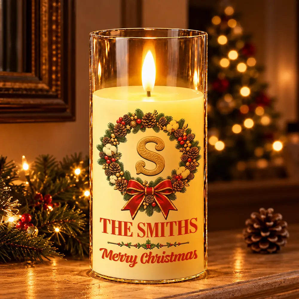 Christmas Home Decor Gift For Family - Personalized Monogram & Family Name Gold Initial In Holly Wreath LED Candle