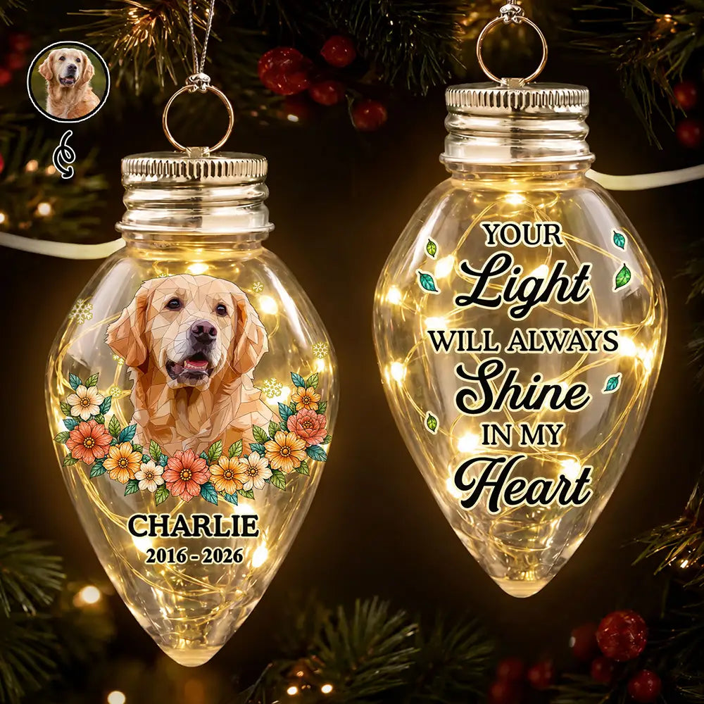 Memorial Gift For Pet Lovers - Personalized Custom Photo Stained Glass Your Light Will Always Shine In My Heart Chili Bulb LED Light