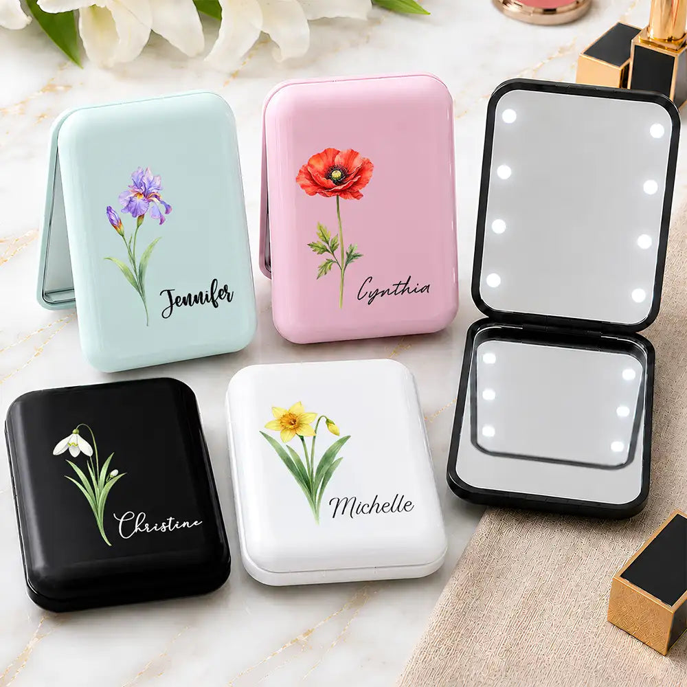 Gift For Friends, Coworkers, Daughters, Sisters - Personalized Watercolor Birth Flower And Name LED Compact Mirror