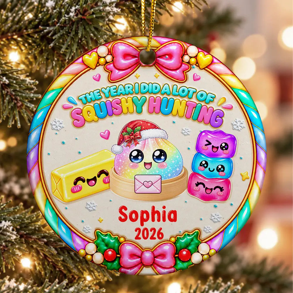 Christmas, Gift For Kids, Icon, Playful - Christmas Gift For Kids Girls Squishy Lovers - Personalized The Year Of Squishy Hunting Circle Ceramic Ornament