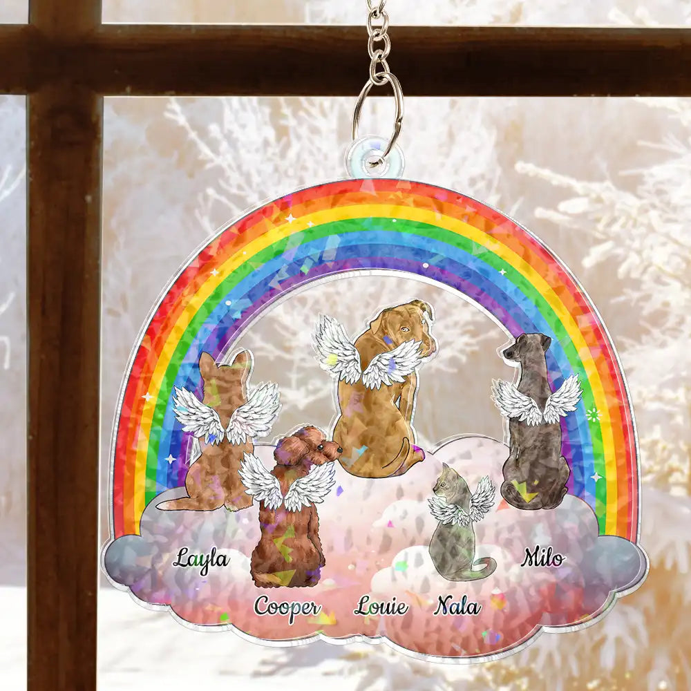 Love,Cat Lovers,Pet Lovers,Dog Lovers,Memorial - Dog Cat Sitting On The Cloud - Personalized Window Corner Suncatcher