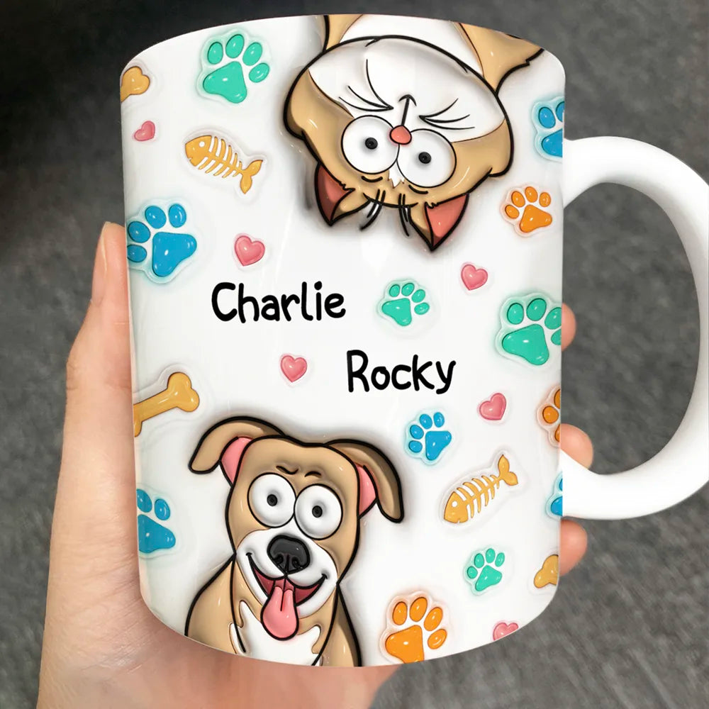 Dog Lovers, Dog Mom, Dog Dad, Cat Lovers, Cat Mom, Cat Dad, Pet Lovers, Pet Mom, Pet Dad, Happy - Dog Cat 3D Effect - 3D Inflated Effect Printed Mug, Personalized White Edge-to-Edge Mug