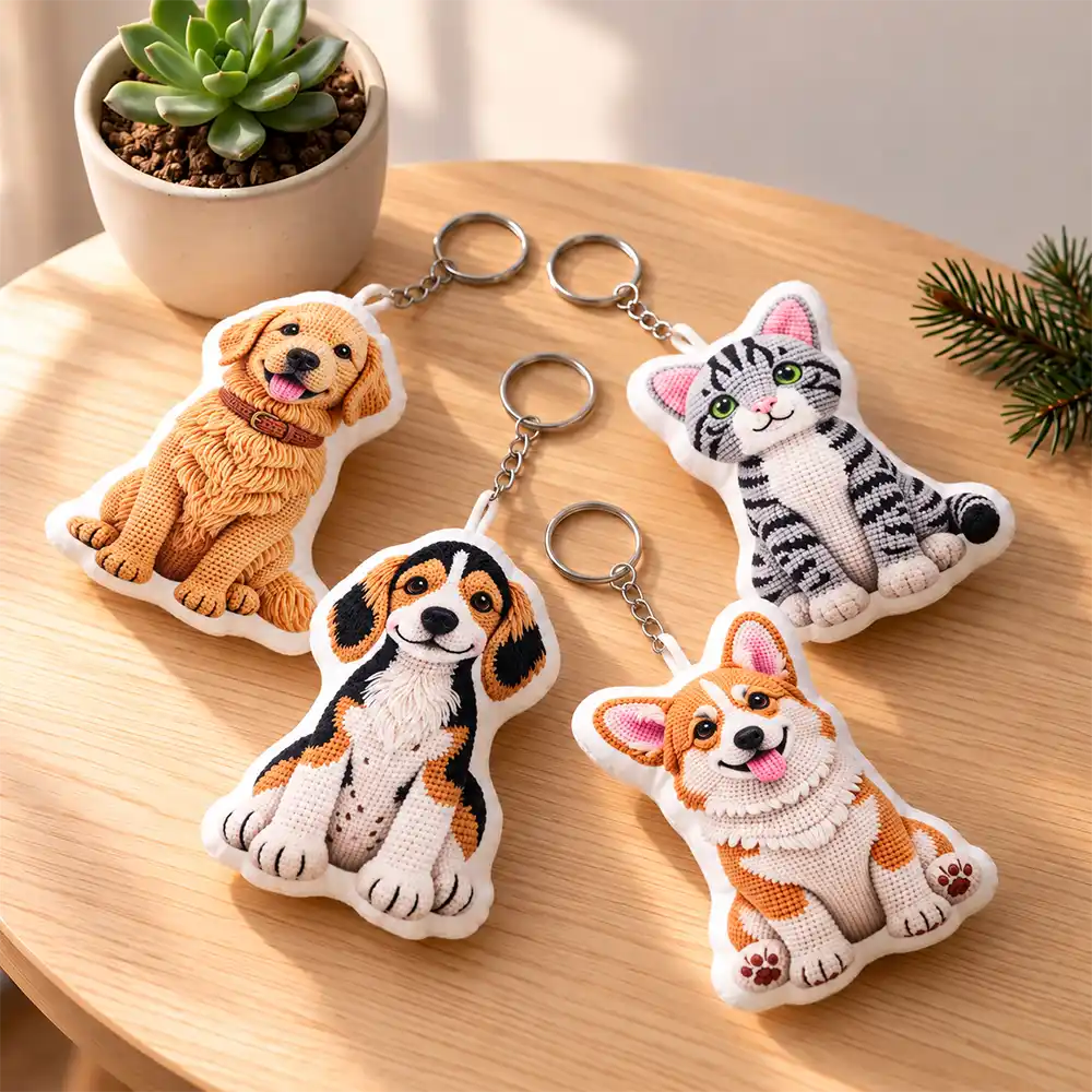 Adorable,Art Design,Christmas,Custom Photo,Pet Lovers,Photo - Crochet Pet - Dog Cat Gift For Pet Lover - Personalized Custom Photo Crochet Doll Effect Plush Keychain