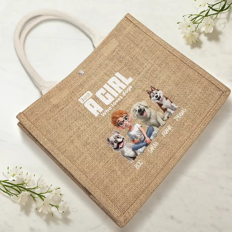 Dog Mom,Happy,Summer,Beach,Dog Lovers - Dog Mom A Girl And Her Dog - Personalized Jute Beach Bag