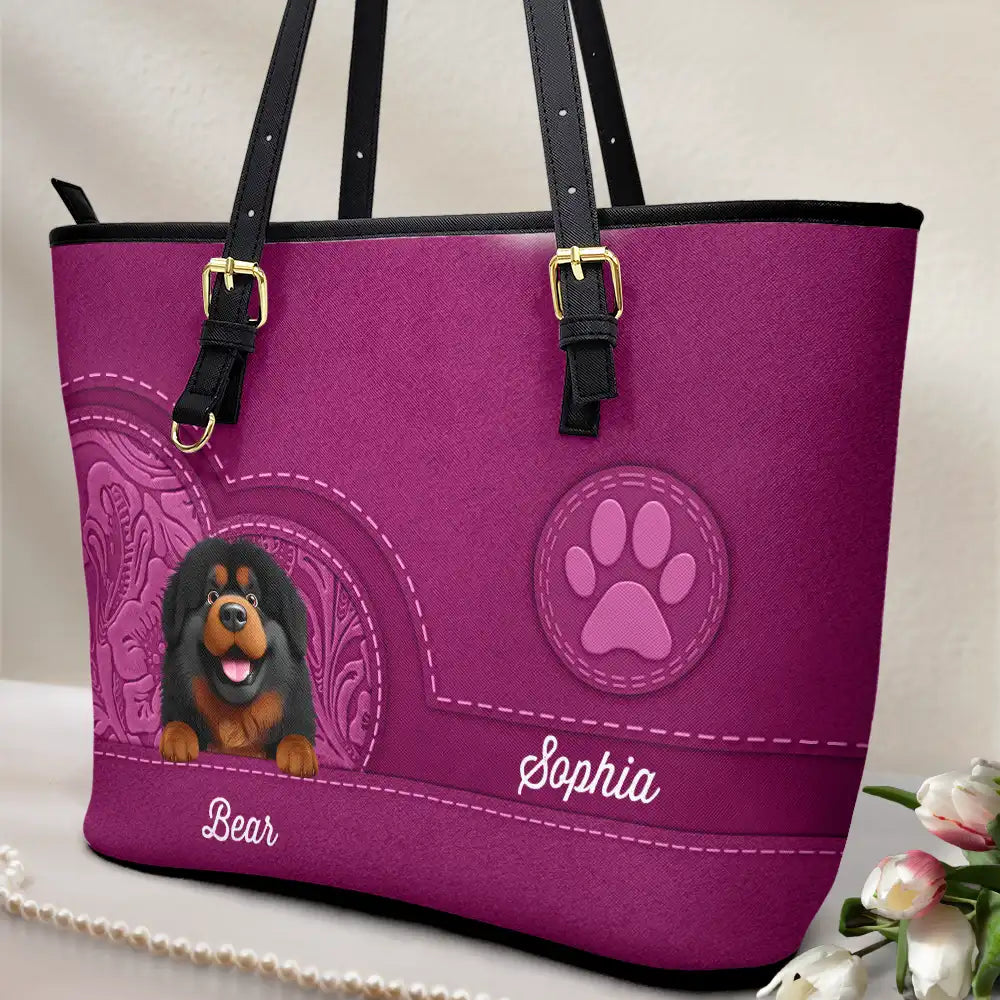 Dog Lovers, Dog Mom, Happy - Dog Mom Cute 3D Effect Dog - Personalized Leather Tote Bag
