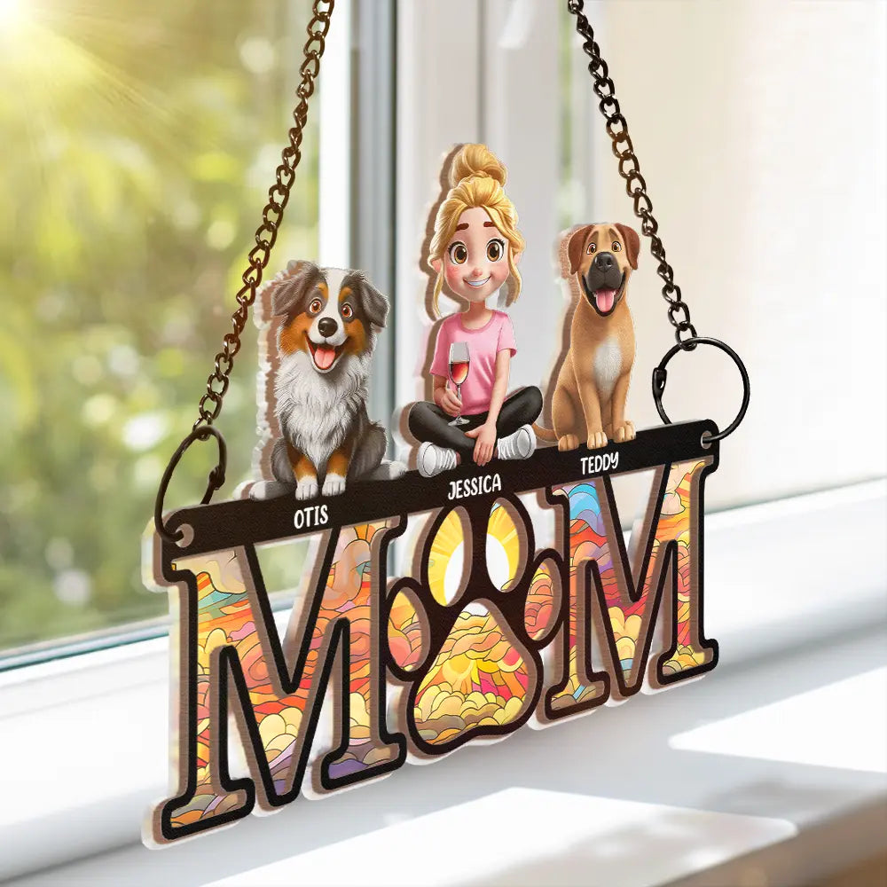 Pet Lovers, Pet Mom, Pet Dad ,Dog Lovers, Dog Mom, Dog Dad, Happy - Dog Mom Dog Dad 3D Effect - Personalized Window Hanging Suncatcher Ornament