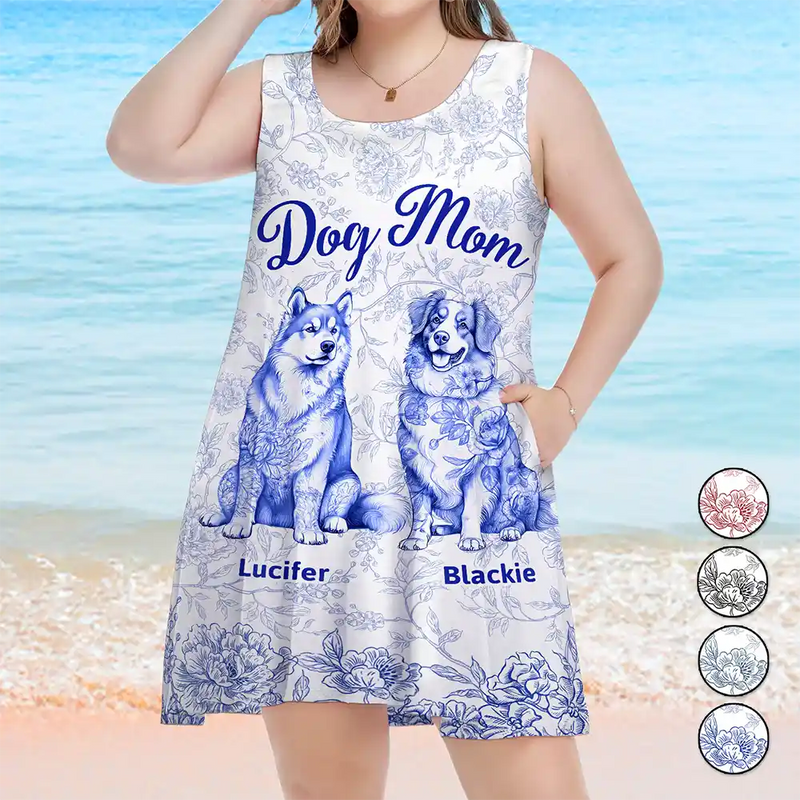 Happy, Pet Lovers, Pet Mom, Dog Lovers, Dog Mom, Beach - Dog Mom Toile De Jouy Style - Personalized Sleeveless Tank Dress