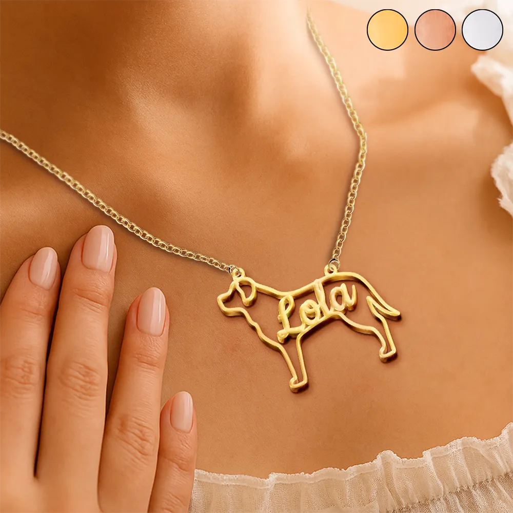 Dog Lovers, Dog Mom, Pet Lovers, Pet Mom, Love - Dog Shaped Line Art With Custom Name - Personalized Letter Necklace