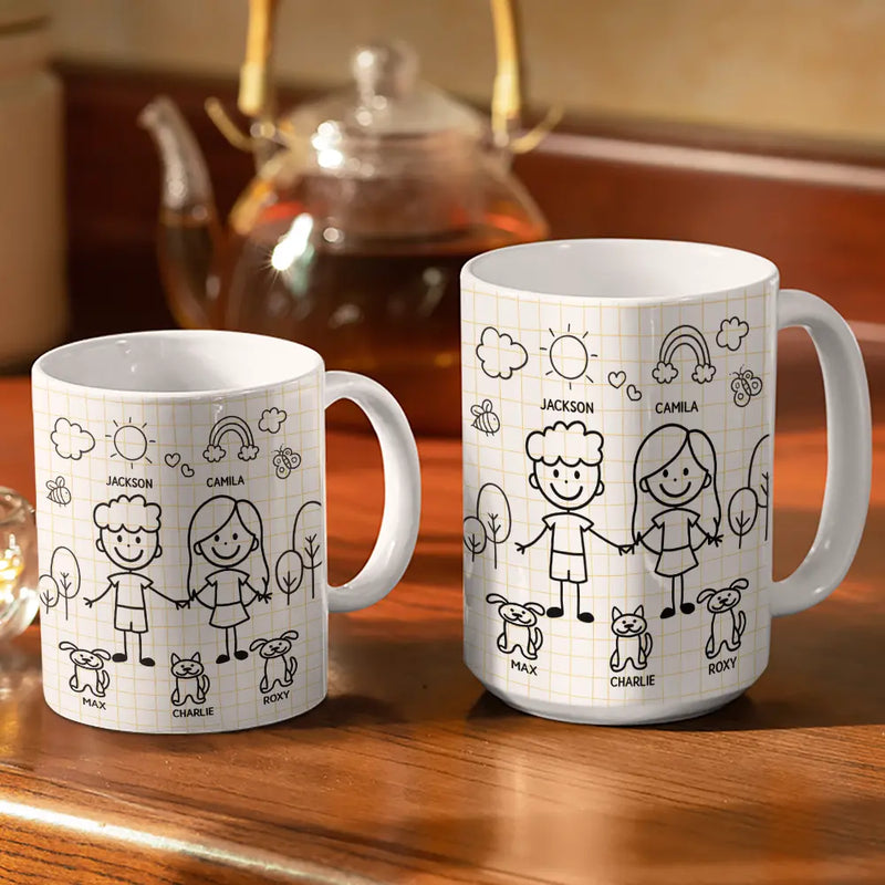 Gift For Couples,Gift For Husband,Gift For Wife,Gift For Boyfriend,Gift For Girlfriend,Dog Lovers,Dog Couple,Cat Lovers,Cat Couple,Pet Lovers,Pet Couple,Love - Doodle Stick Figure Couple With Dog Cat - Personalized White Edge-to-Edge Mug