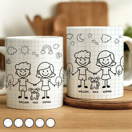 Doodle Stick Figure Couple With Dog Cat - Personalized White Edge-to-Edge Mug