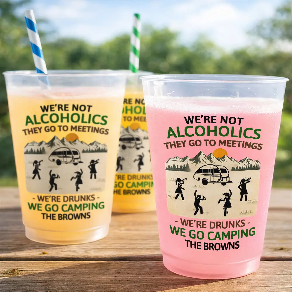 Playful, Camping, Family, Summer, Custom Text - Drunk Stick Figure We Go Camping - Personalized Frosted Cups