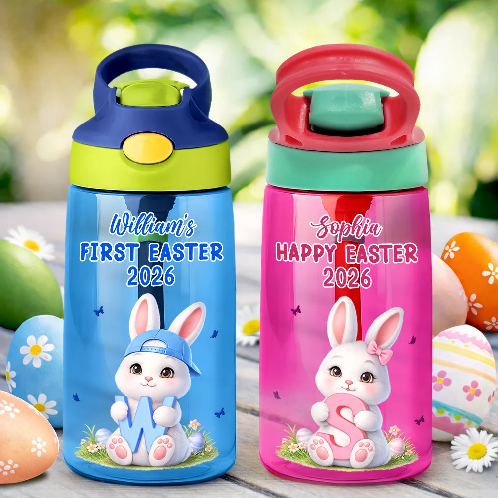 Easter Bunny Holding Alphabet Letter - Personalized Kids Water Bottle With Straw