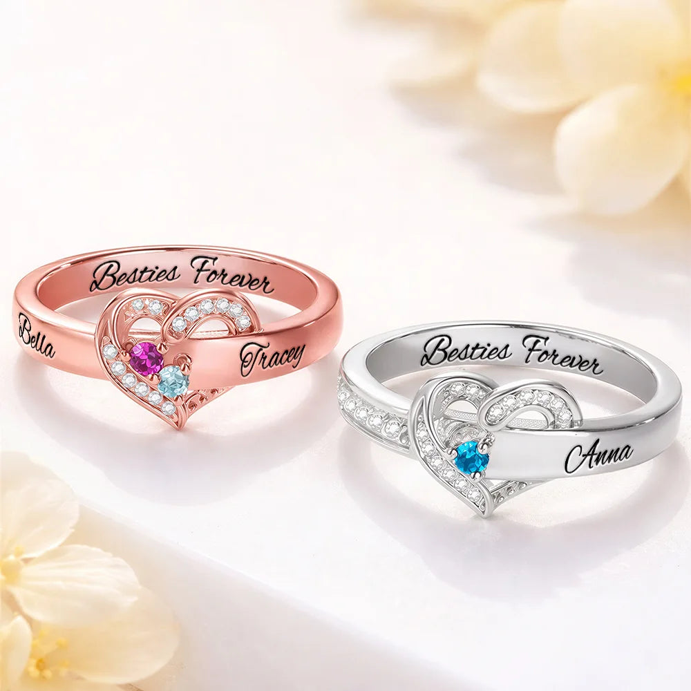 Gift For Women,Gift For Yourself,Gift For Mother,Love,Happy,Gift For Bestie - Elegant Custom Name Gemstones For Besties - Personalized Birthstone Heart Ring