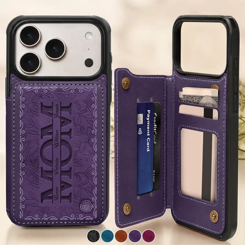 Gift For Mother,Gift For Grandma,Happy - Embossed Flower Leather Mom We Love You - Personalized Leather Flip Wallet Phone Case