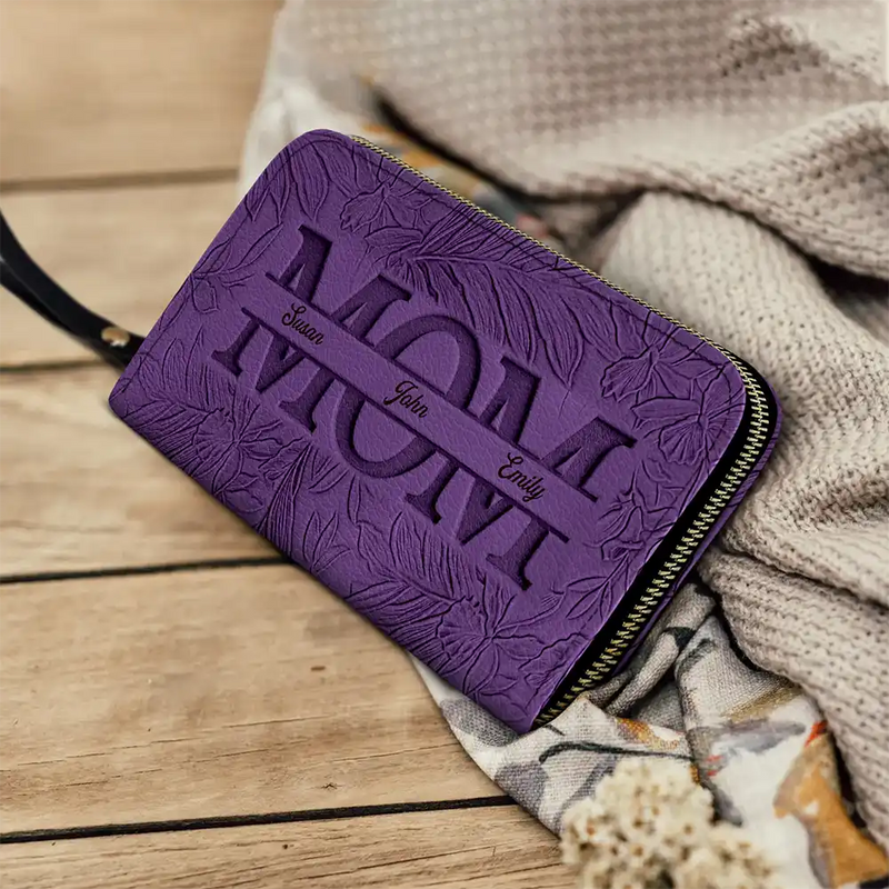 Gift For Mother, Gift For Grandma, Happy - Embossed Flower Leather Mom We Love You - Personalized Leather Long Wallet 