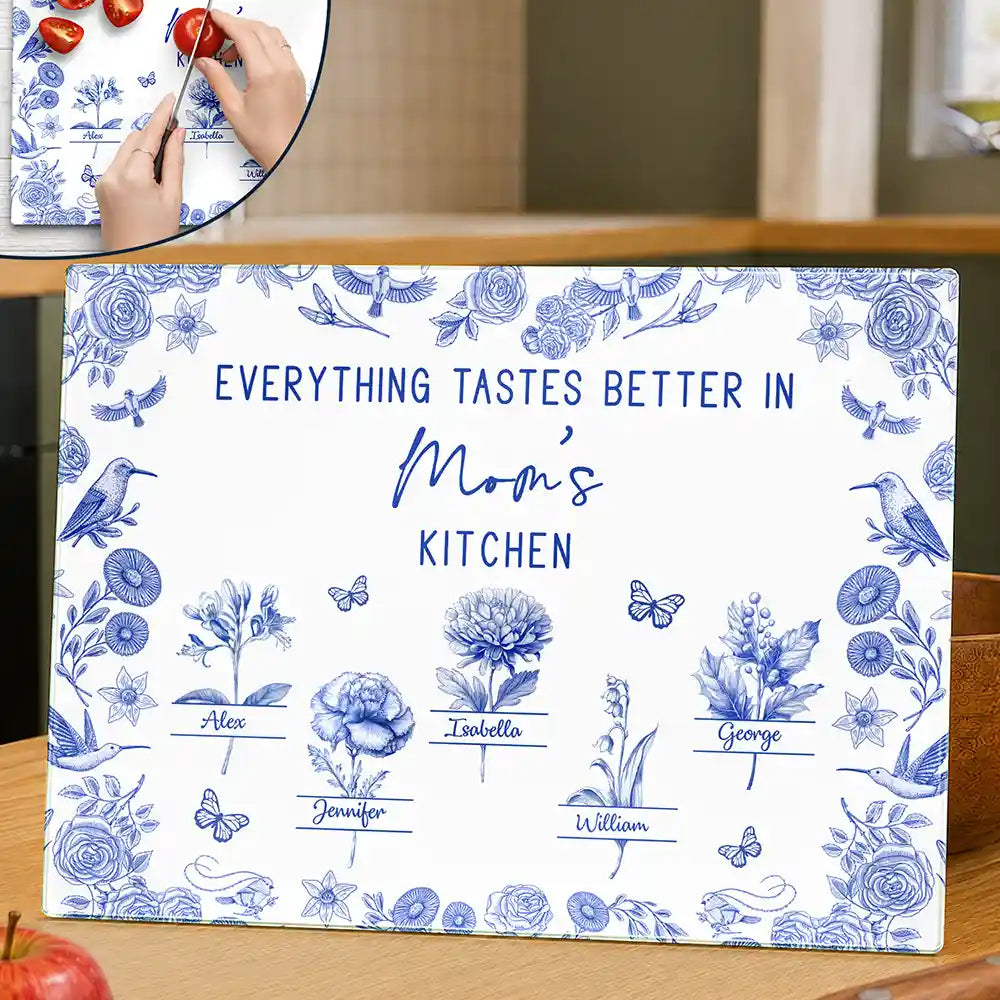 Gift For Mother,Cooking,Adorable,Icon - Everything Tastes Better In Mom Grandma Kitchen Toile Birth Flower - Personalized Cutting Board