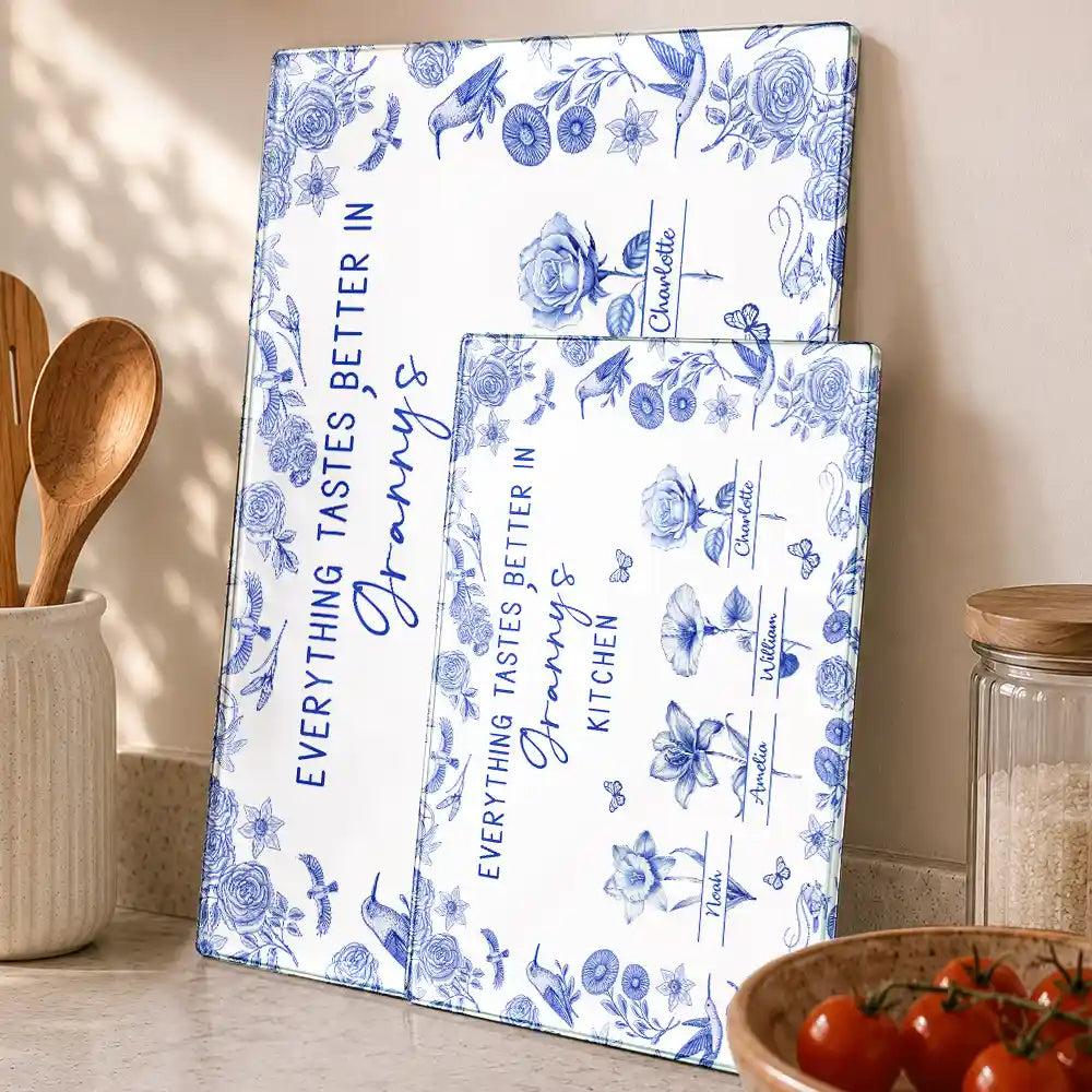 Gift For Mother,Cooking,Adorable,Icon - Everything Tastes Better In Mom Grandma Kitchen Toile Birth Flower - Personalized Cutting Board
