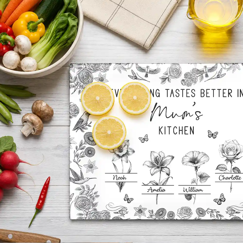 Gift For Mother,Cooking,Adorable,Icon - Everything Tastes Better In Mom Grandma Kitchen Toile Birth Flower - Personalized Cutting Board