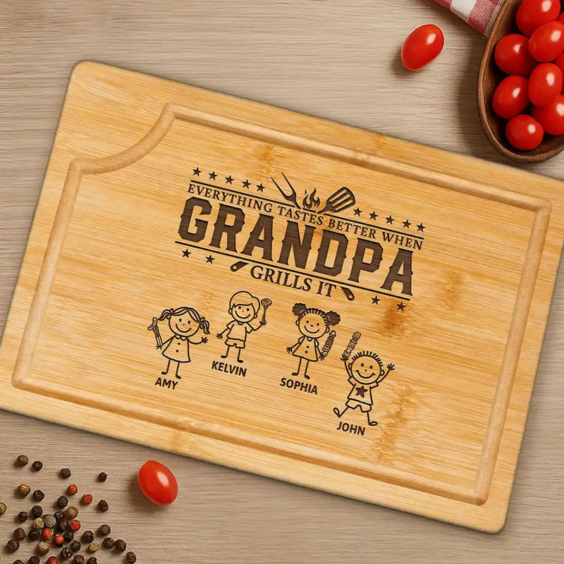 Everything Tastes Better When Grandpa Daddy Grills It - Personalized Wooden Cutting Board