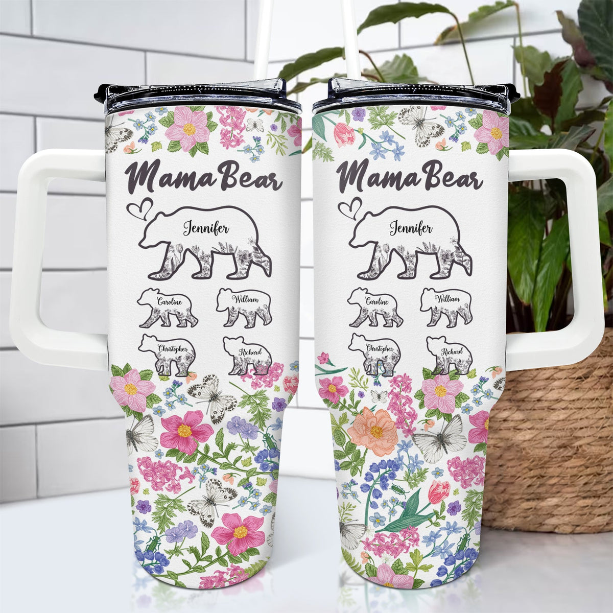 Floral Mama Bear - Gift For Mother - Personalized 40oz Tumbler With Straw
